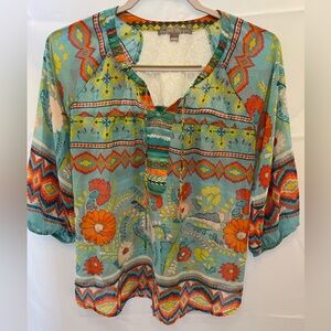 Boho Floral Peasant Blouse Lace Back Sheer Top Small Colorful Festival